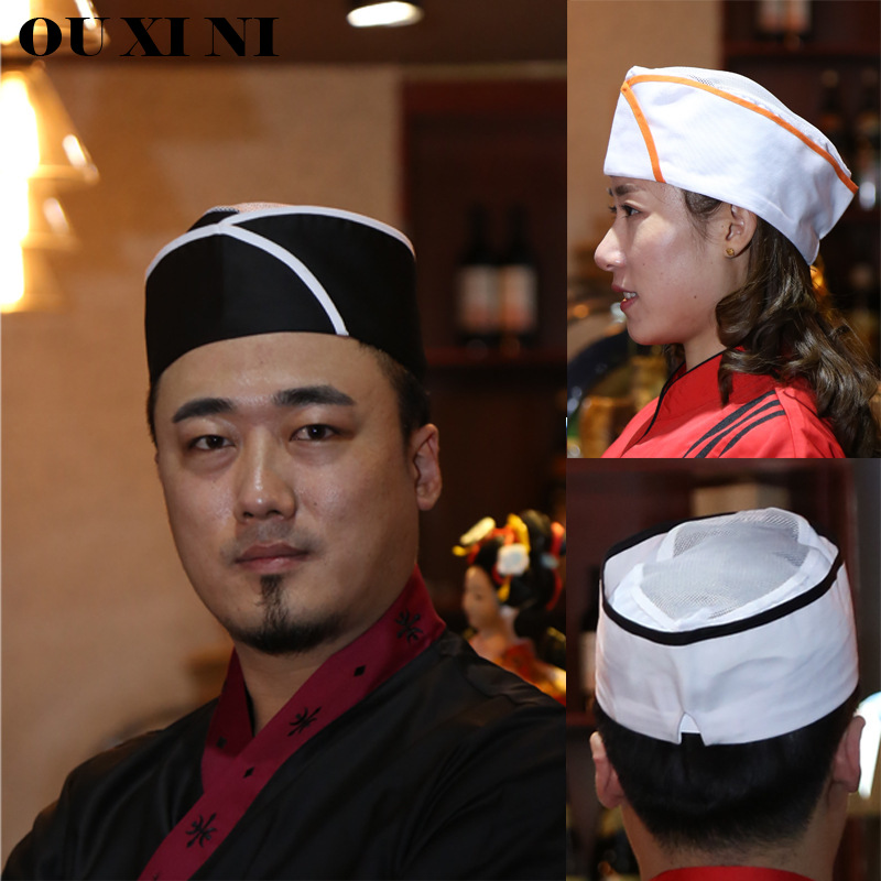 일본 요리사 모자 여성과 남성 스시 레스토랑 주방 모자 통기성 플랫 탑 모자 메쉬 탑 모자 웨이터 작업 모자요리사 두건  작업모